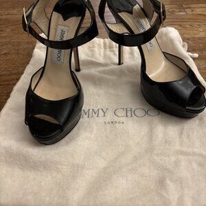 Jimmy Choo Black Patent Leather Peep-Toe Sling Black
